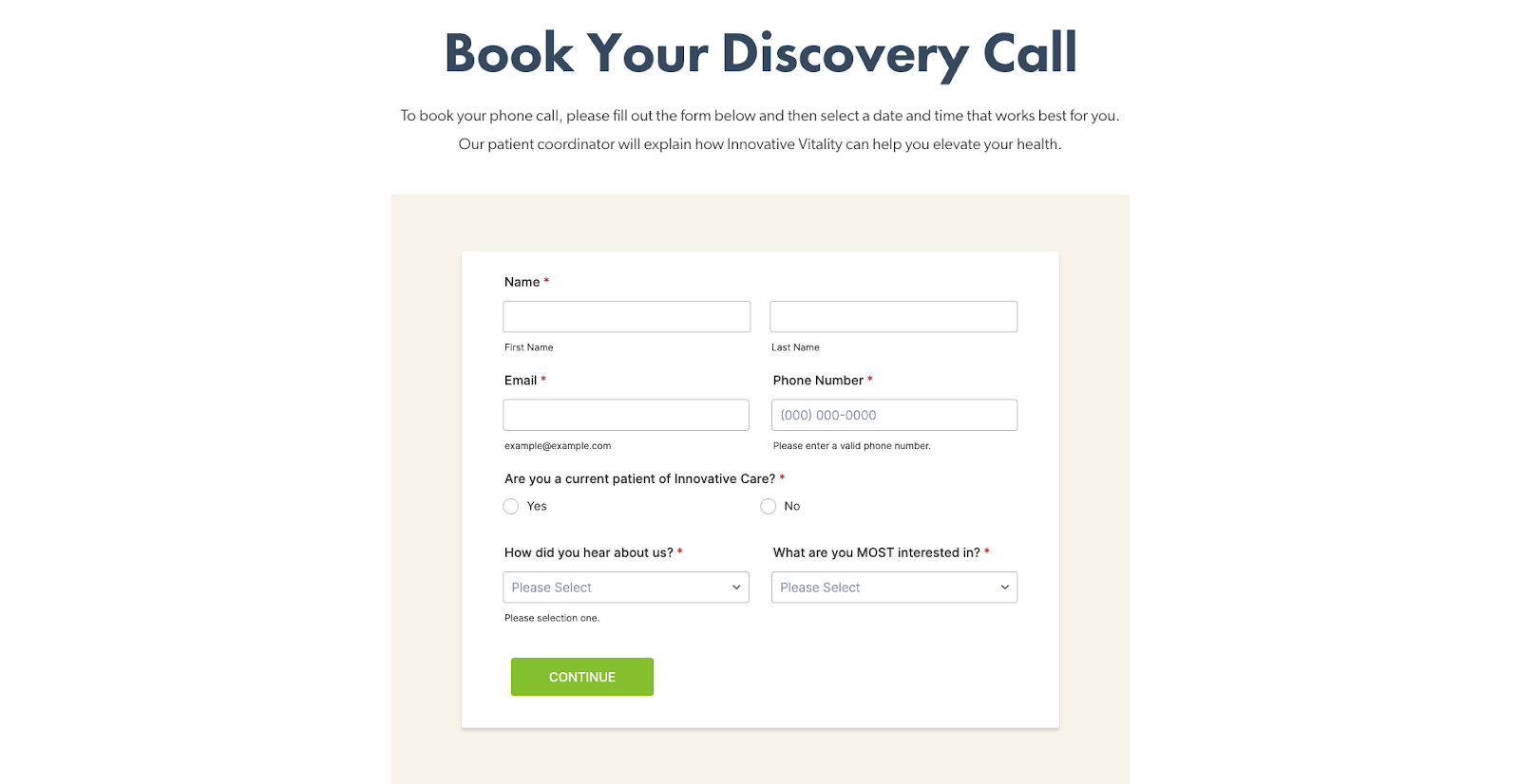 Viewing the Book Your Discovery Call form
