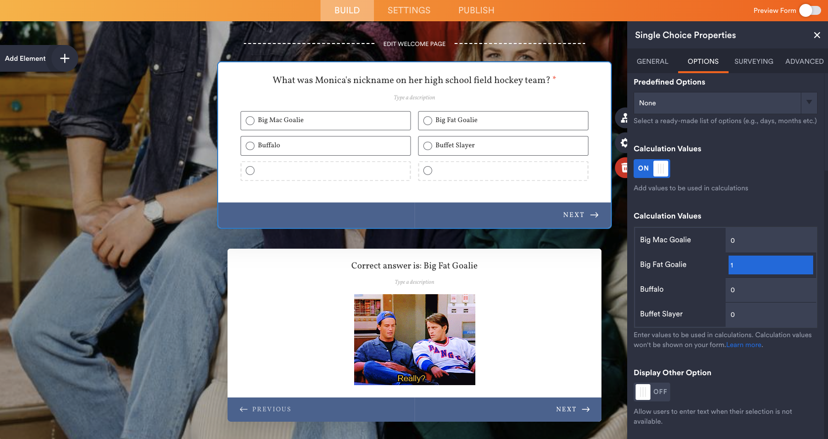 Options tab on the Single Choice Properties field on Jotform Form Builder