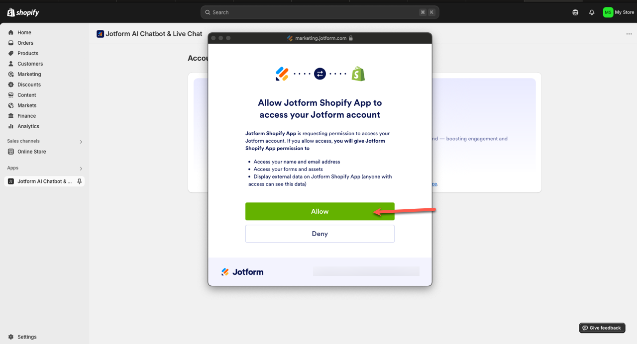 Clicking on the Allow button on the "Access Jotform Shopify App to access your Jotform account" page