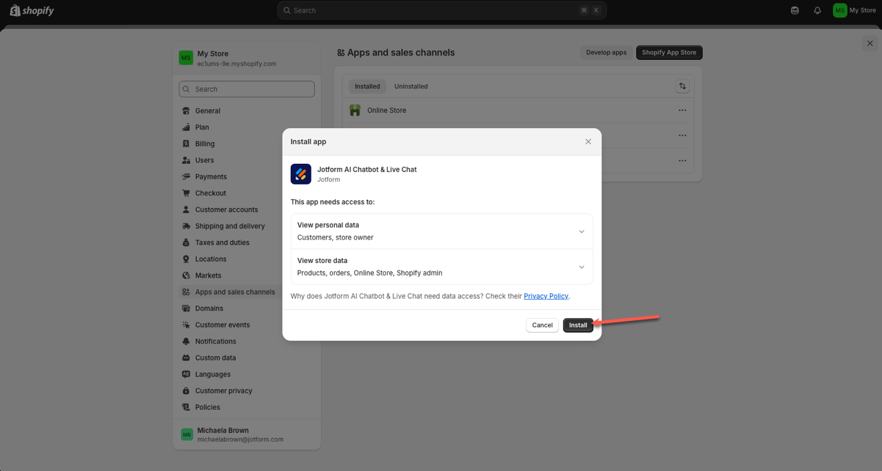 Clicking on the Install button on the Install app window for Jotform AI Chatbot & Live Chat