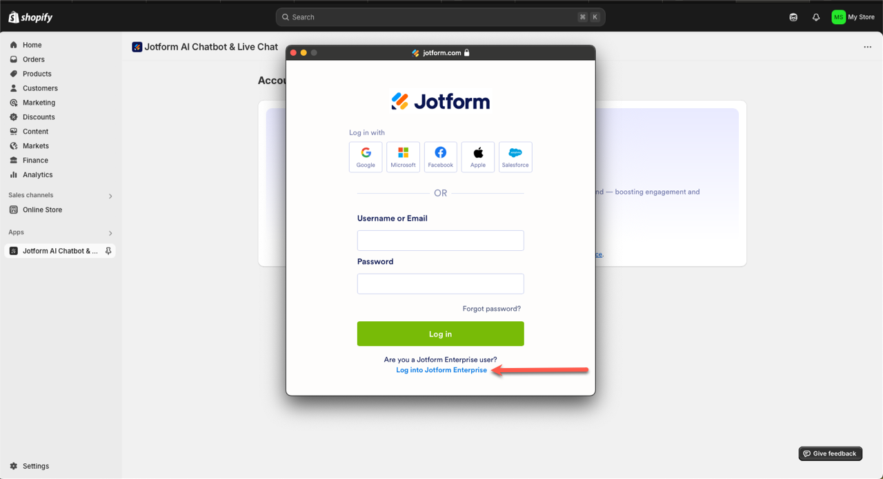 Click on Log into Jotform Enterprise option on the log in window