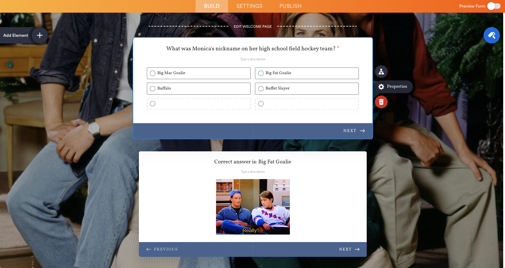 Clicking on the Properties button on Jotform Form Builder