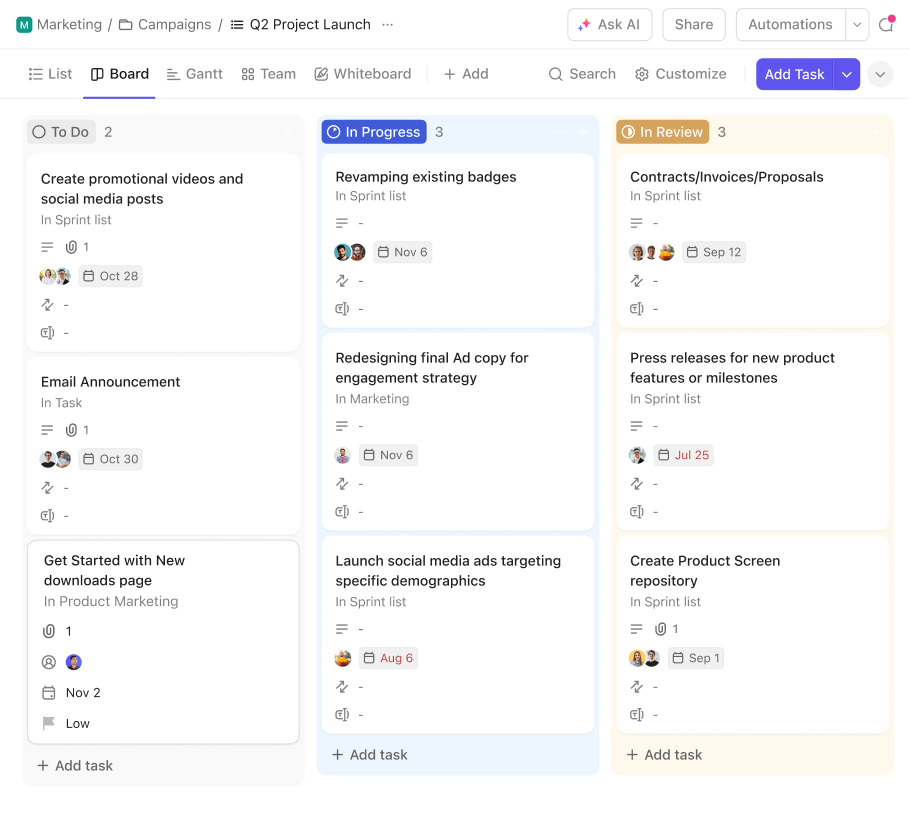clickup kanban board showing process steps and project to do list examples