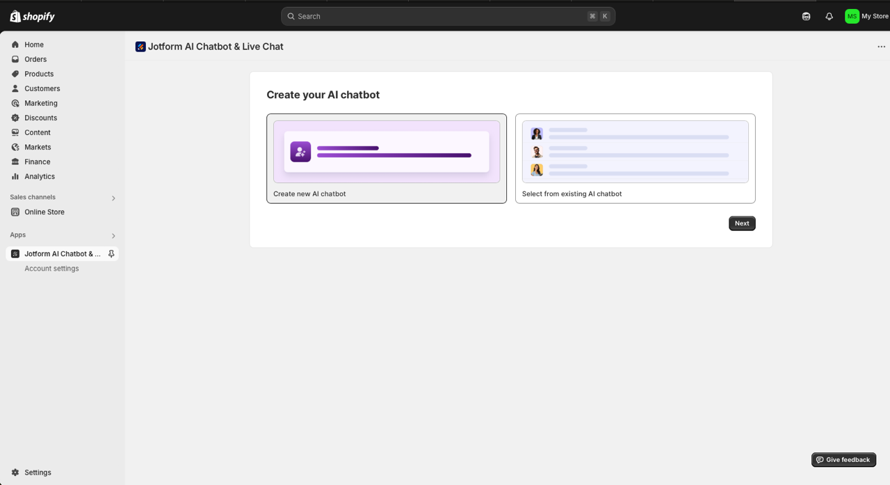 Viewing the Create your AI Chatbot page from Jotform AI Chatbot & Live Chat app on Shopify