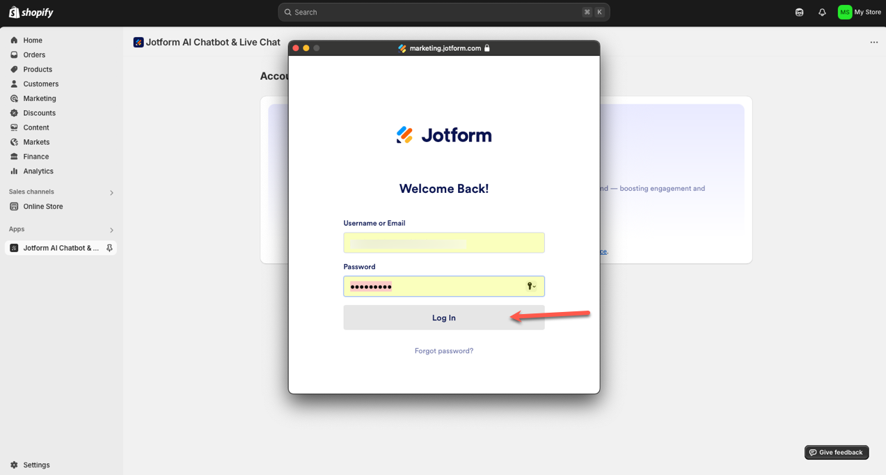 Entering the credentials and clicking on Log in on the Jotform AI Chatbot & Live Chat page on Shopify