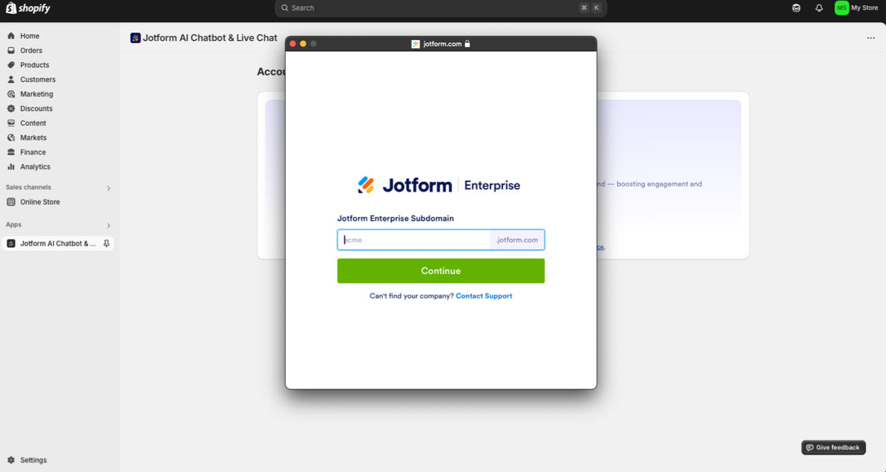 Entering the Enterprise server name and clicking on continue