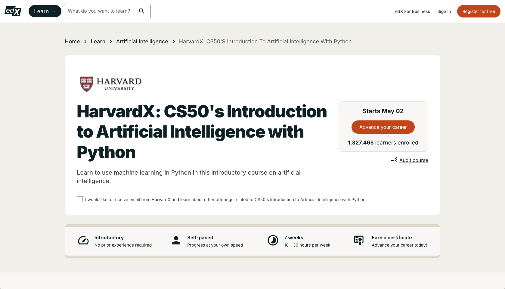 CS50’s Introduction to Artificial Intelligence with Python course on EdX by Harvard University