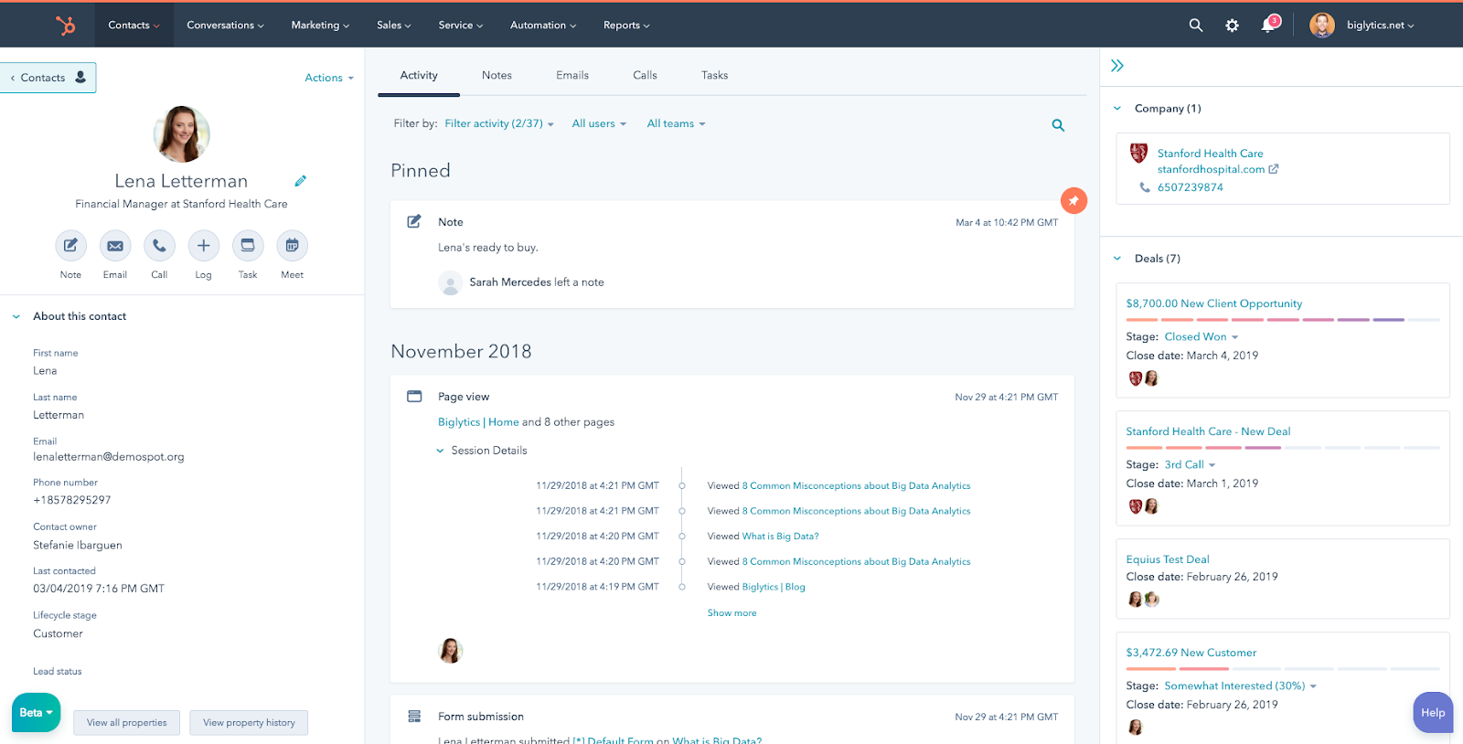 Benutzeroberfläche von HubSpot
