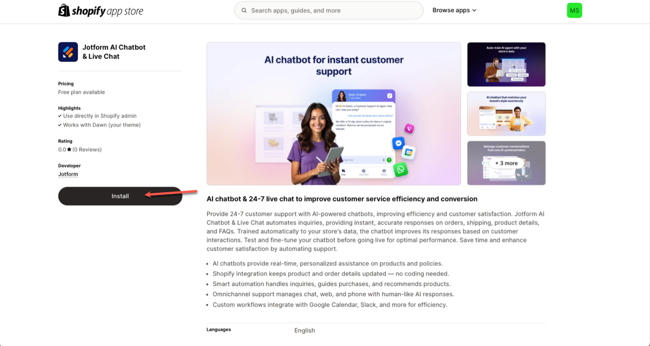 Clicking on the Install button on the Jotform AI Chatbot & Live Chat page on Shopify