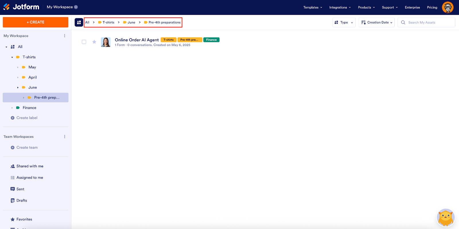 Viewing the labels in the breadcrumb on My Workspace page