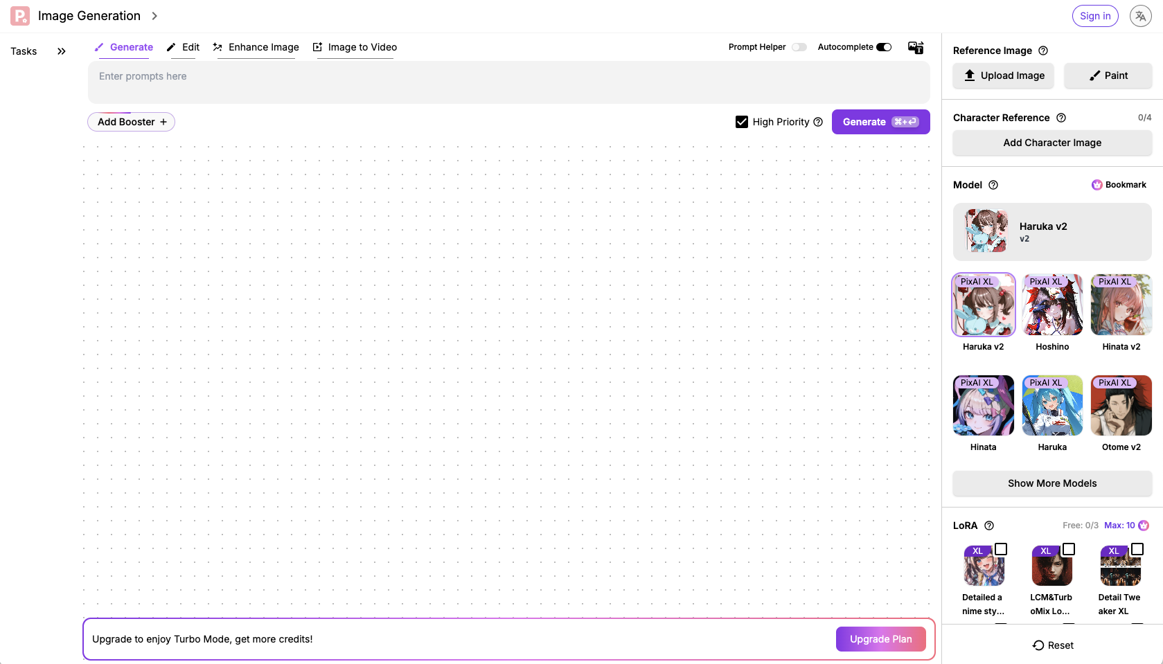 User Interface of PixAI