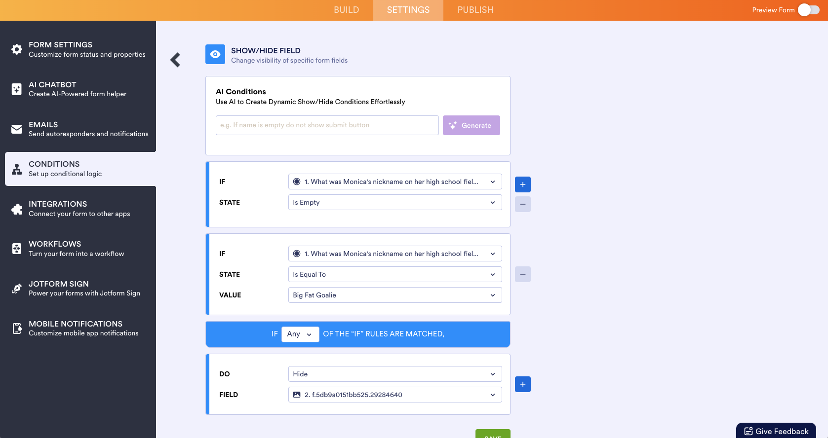 Viewing the Show/Hide field condition settings on Jotform Form Builder