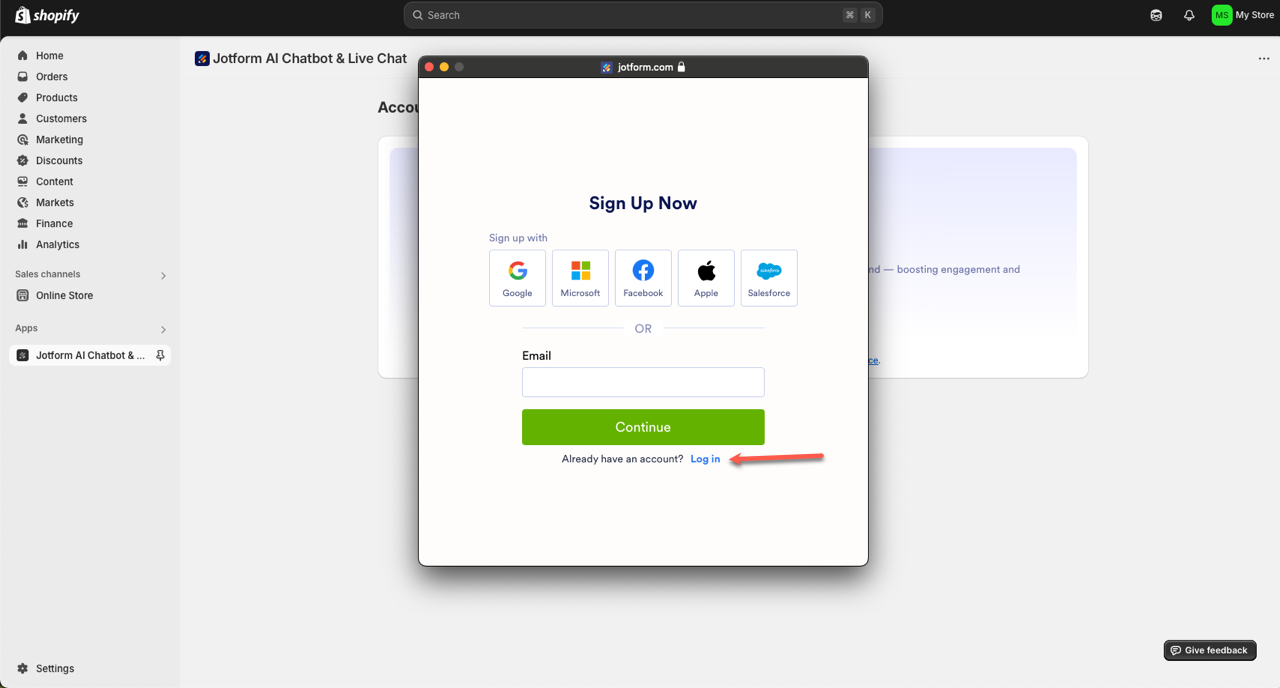 Clicking on Log in to enter to the Jotform account on Shopify