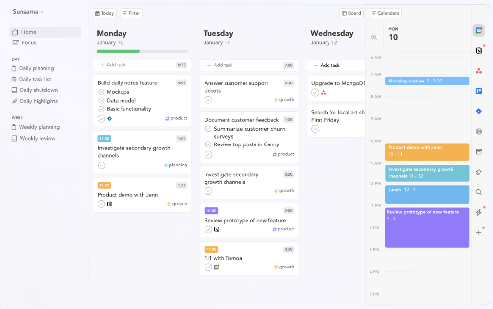 User Interface of Sunsama