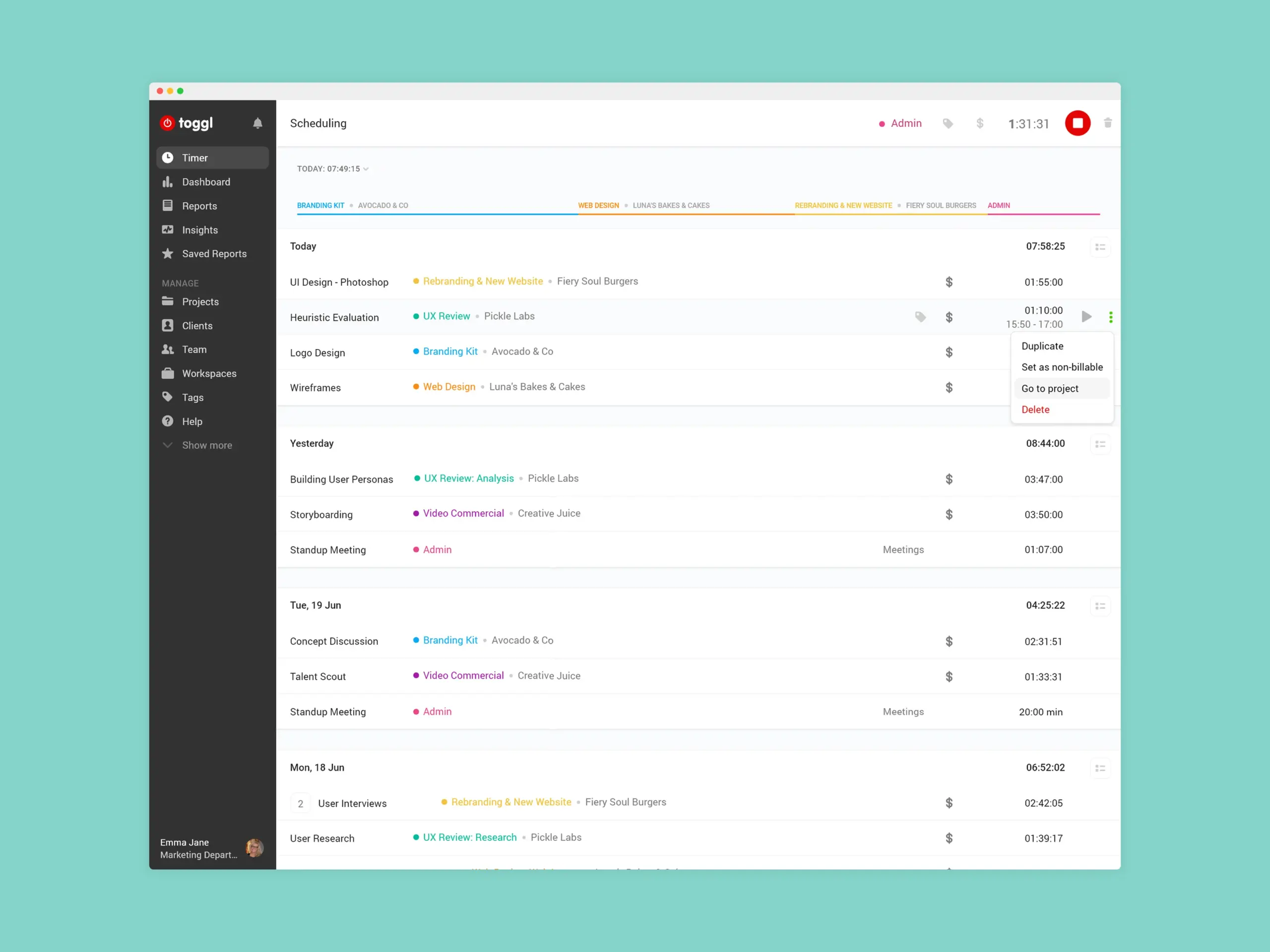 User Interface of Toggl Track