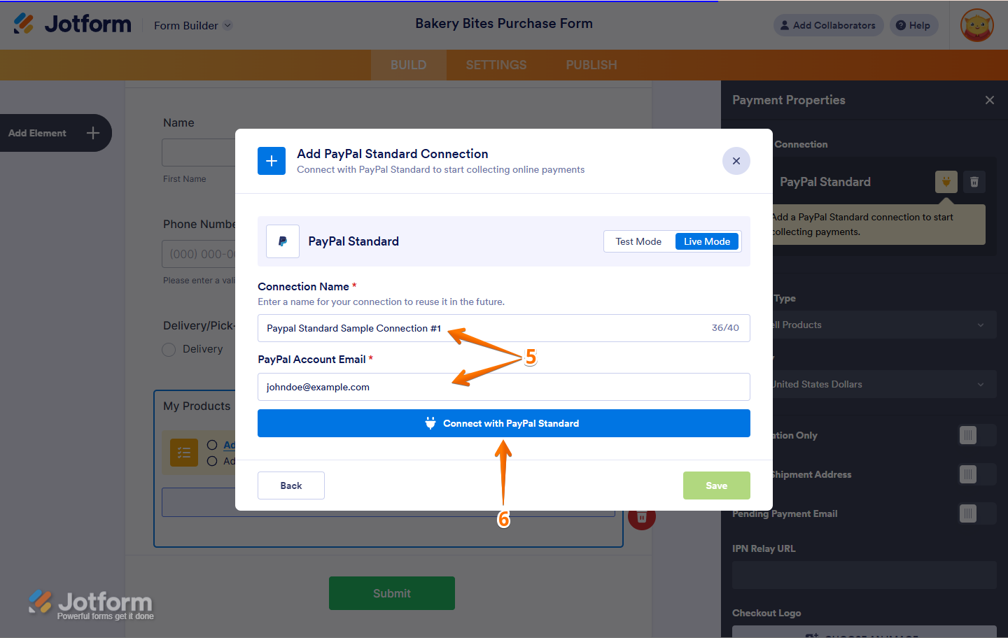 Ingresa un nombre y el correo electrónico de la cuenta de PayPal, luego haz clic en Conectar con PayPal Estándar en Jotform