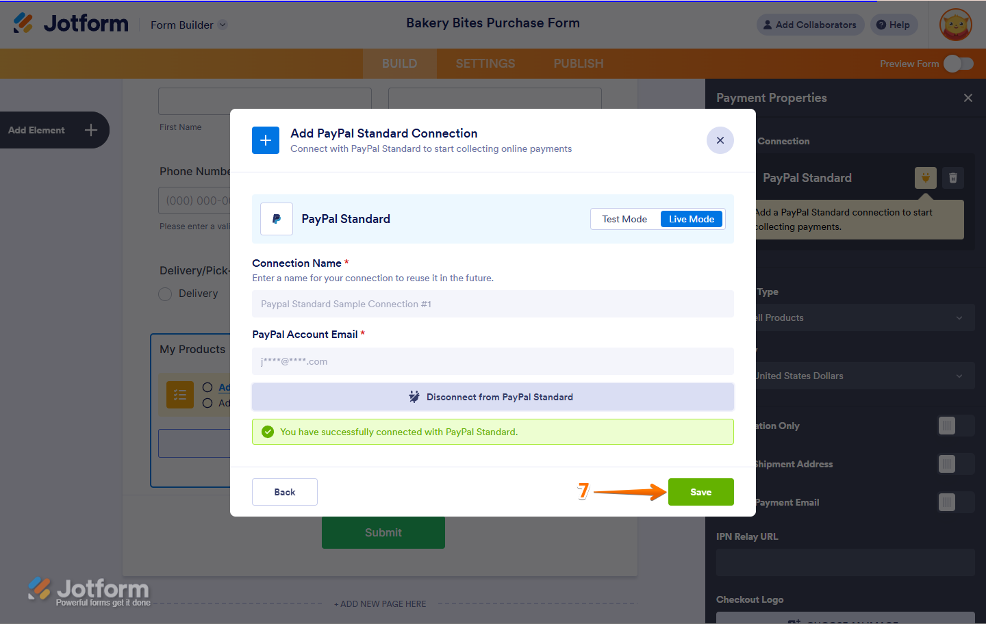 Haz clic en Guardar para confirmar tu conexión Estándar de PayPal en Jotform una vez que esté vinculada exitosamente