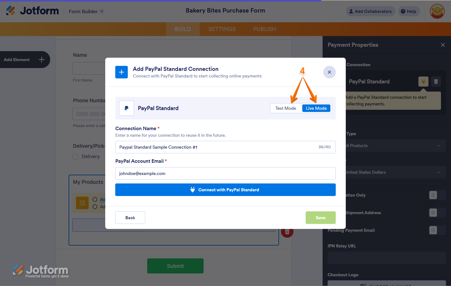 Seleccionar Modo de Prueba o Modo en Vivo en la ventana de Conexión Estándar de PayPal en Jotform