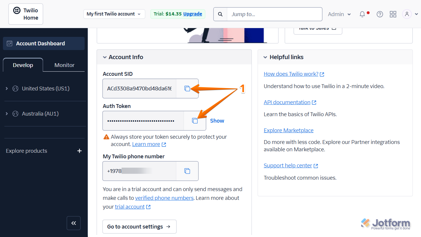Copy Twilio Account SID and Auth Token from the Account Info section