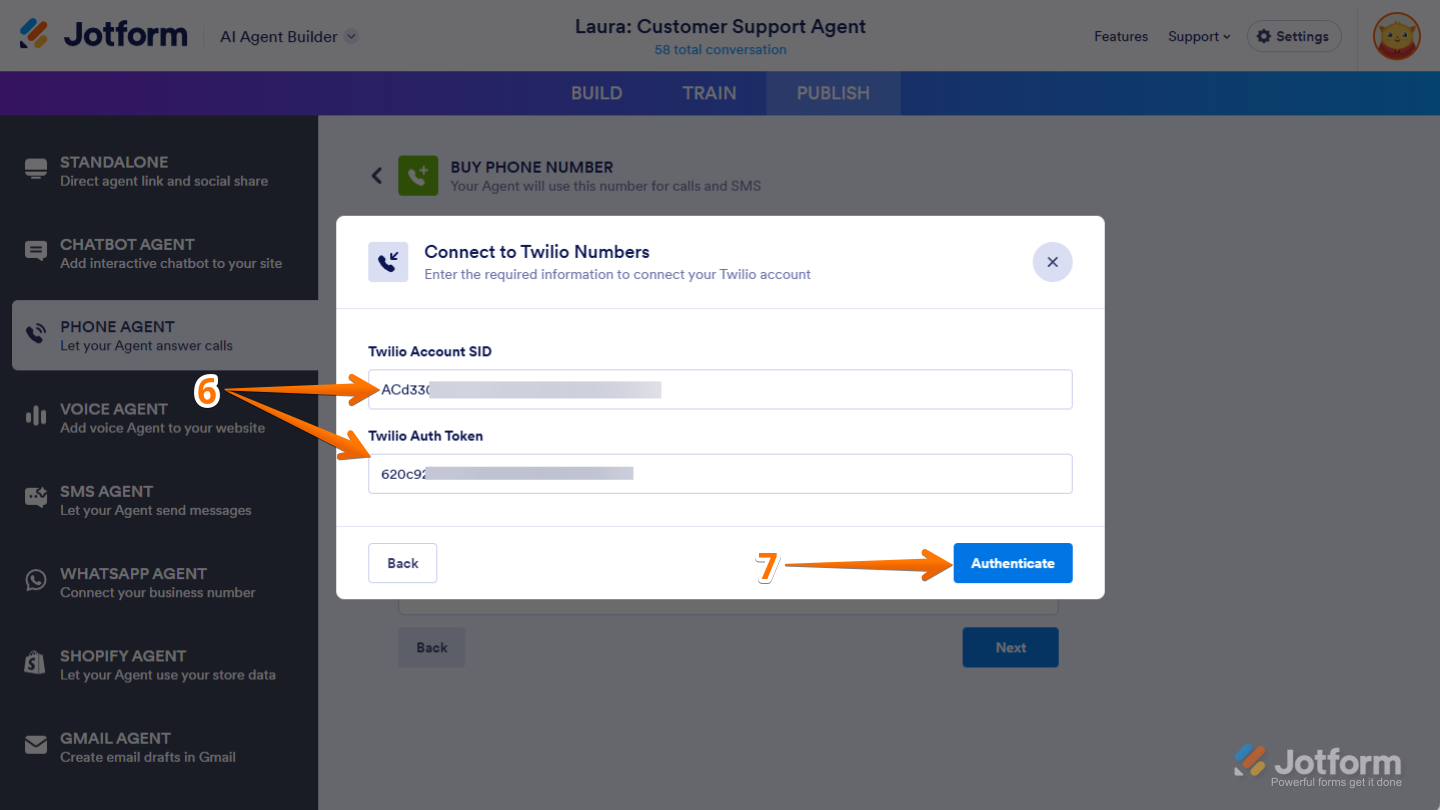 Enter Twilio SID and Auth Token in the Connect to Twilio Numbers window in Jotform