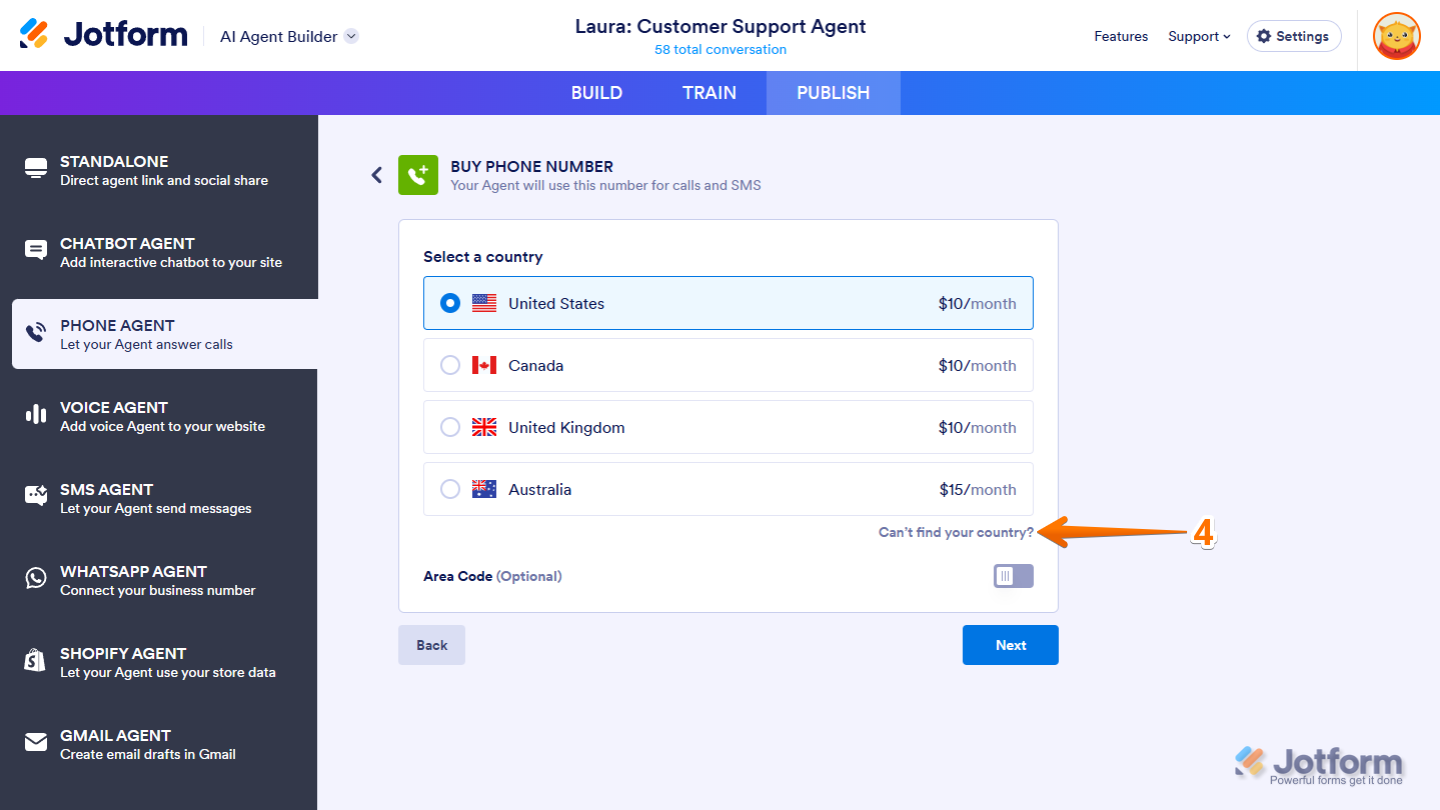 Click 'Can’t Find your Country?' to connect Twilio in Jotform AI Agents