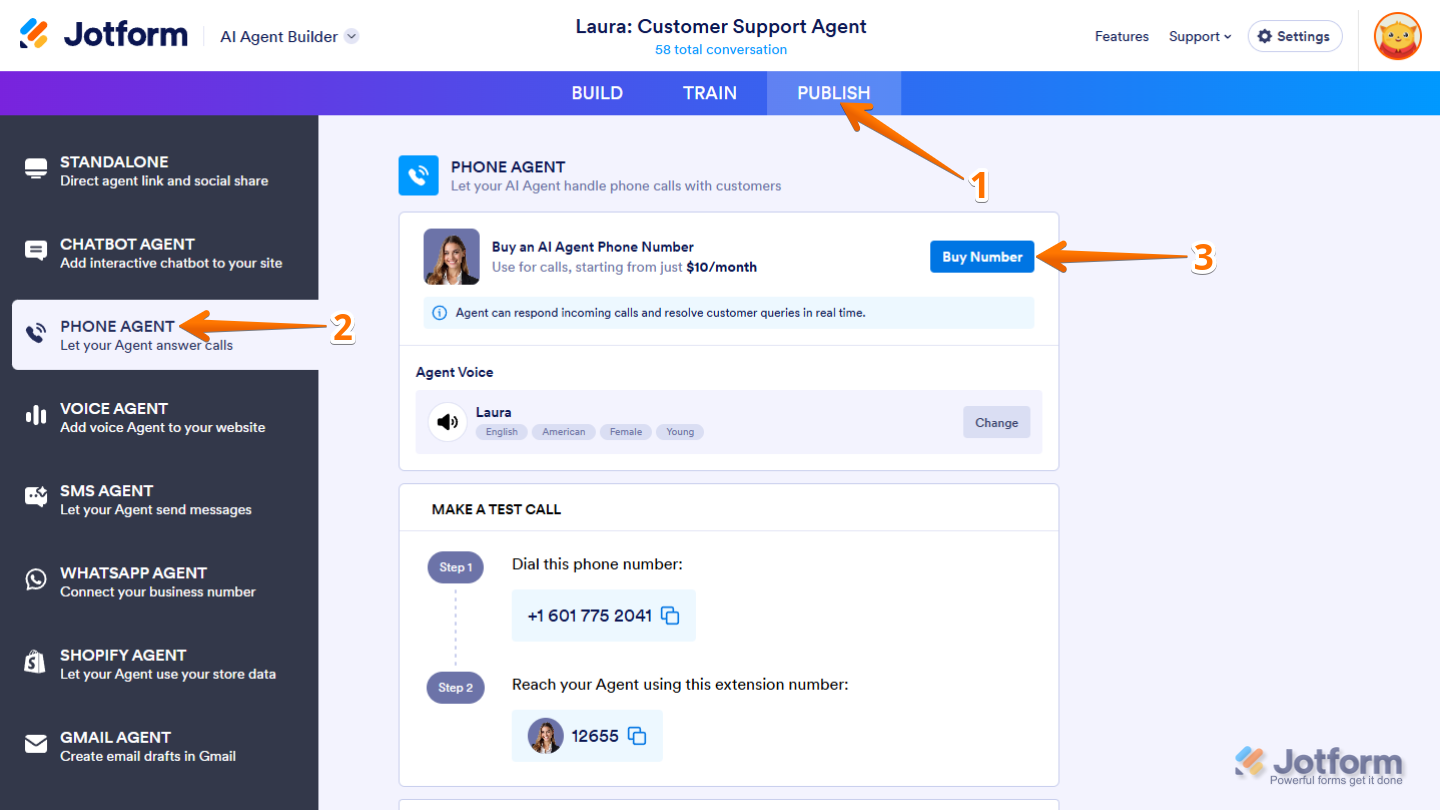 Agent Builder showing Publish tab and Phone Agent option for Twilio setup in Jotform