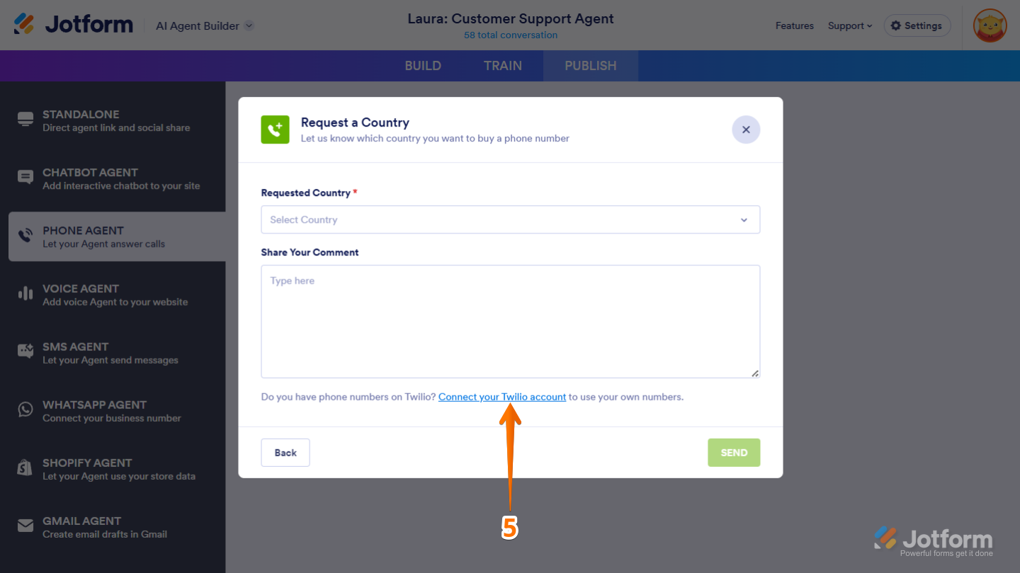 AI Agent Builder showing Connect your own Twilio account link below Share Your Comment field in Jotform