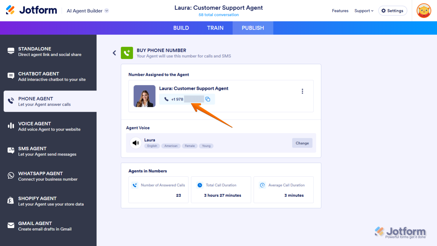 Twilio phone number successfully connected to Jotform AI Agent for calling and messaging