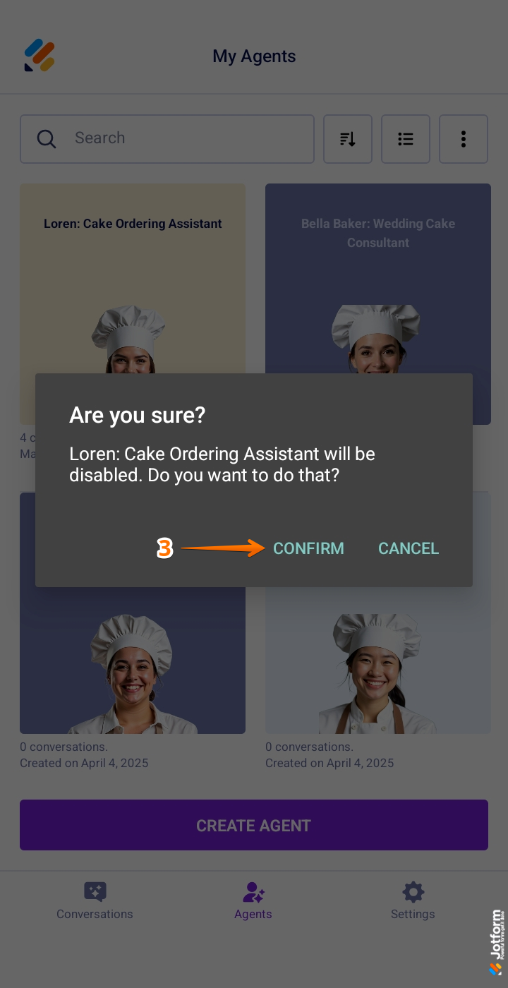 Confirm button in the Disable Confirmation window in the My Agents screen of the Jotform AI Agent Mobile App