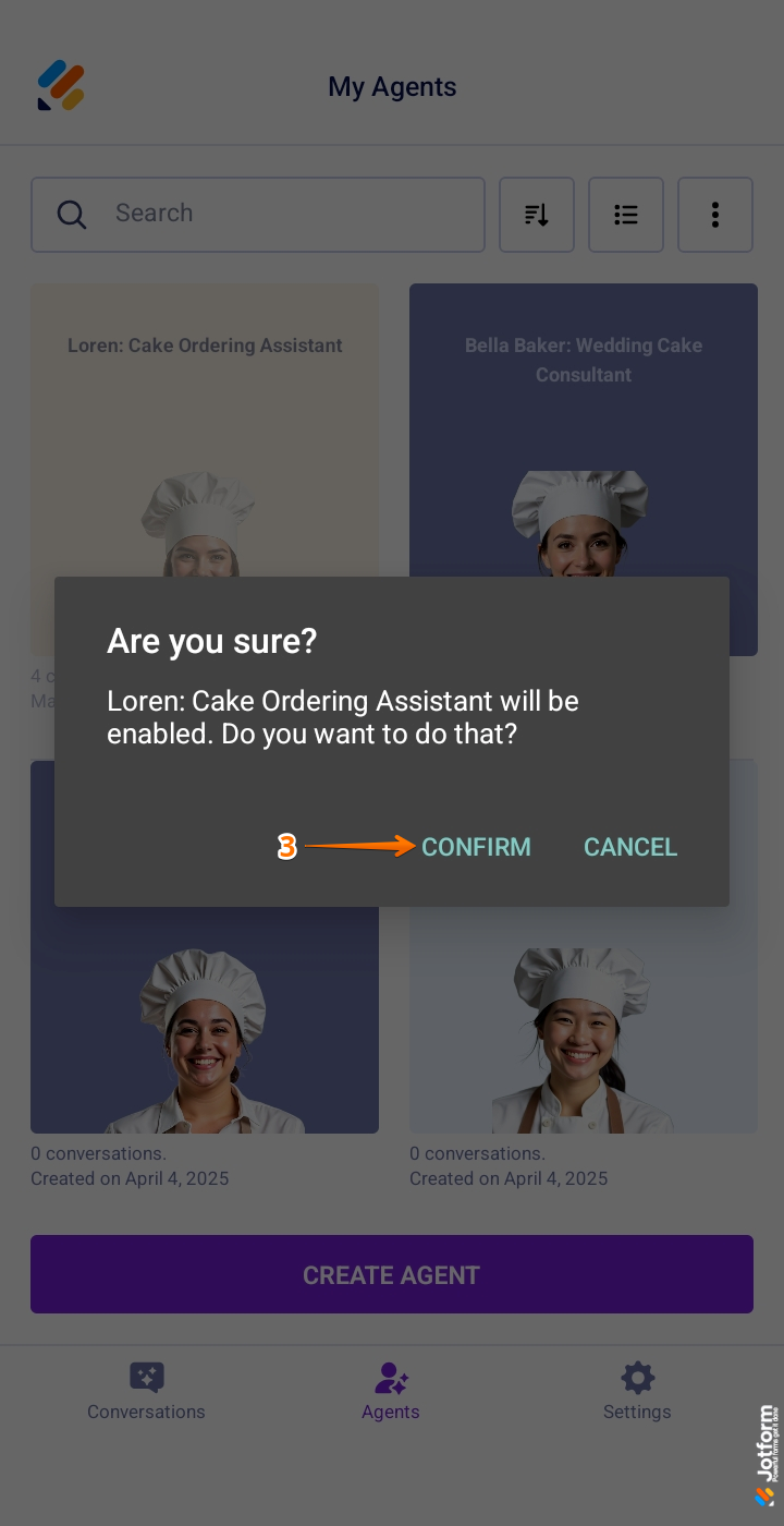 Confirm button in the Enable Confirmation window in the My Agents screen of the Jotform AI Agent Mobile App