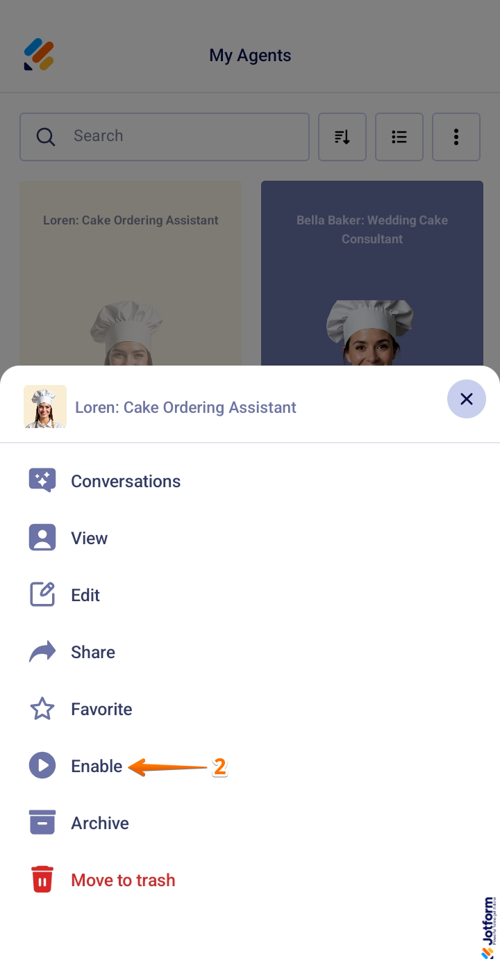 Enable option in the Agent menu in the My Agents screen of the Jotform AI Agent Mobile App