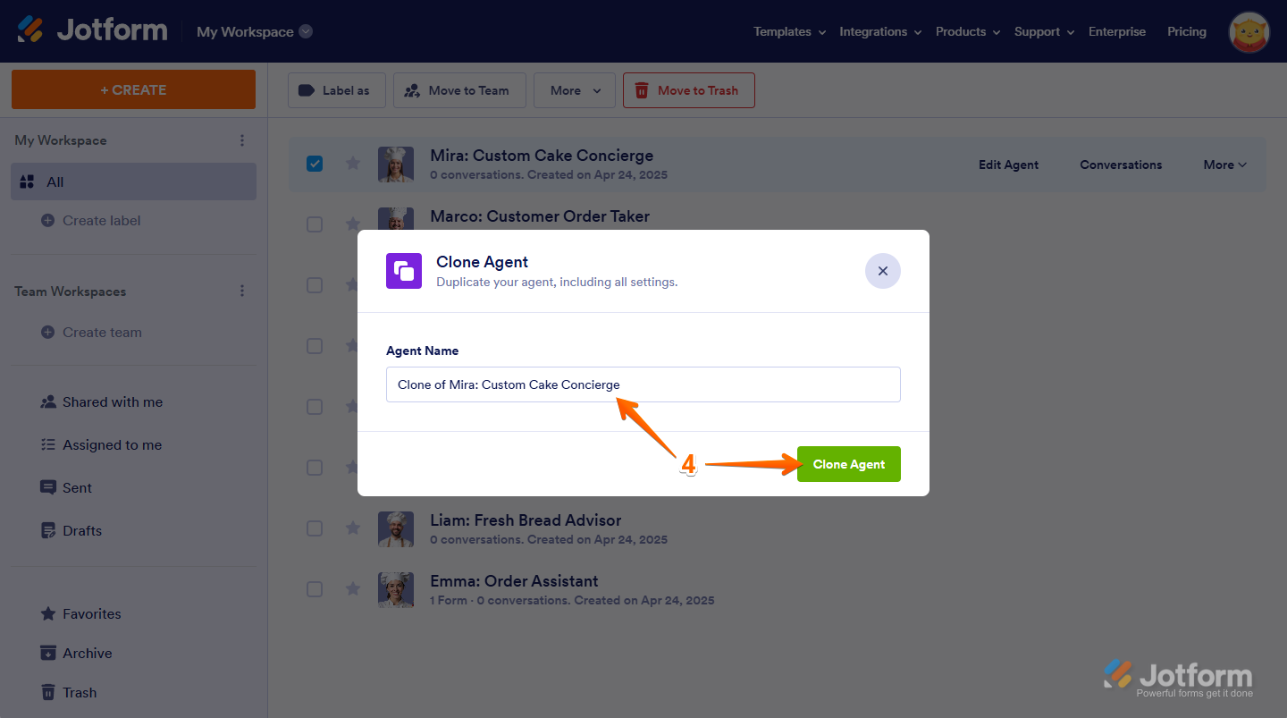 Entering a new name for the AI Agent and clicking Clone Agent to finalize the cloning process in Jotform