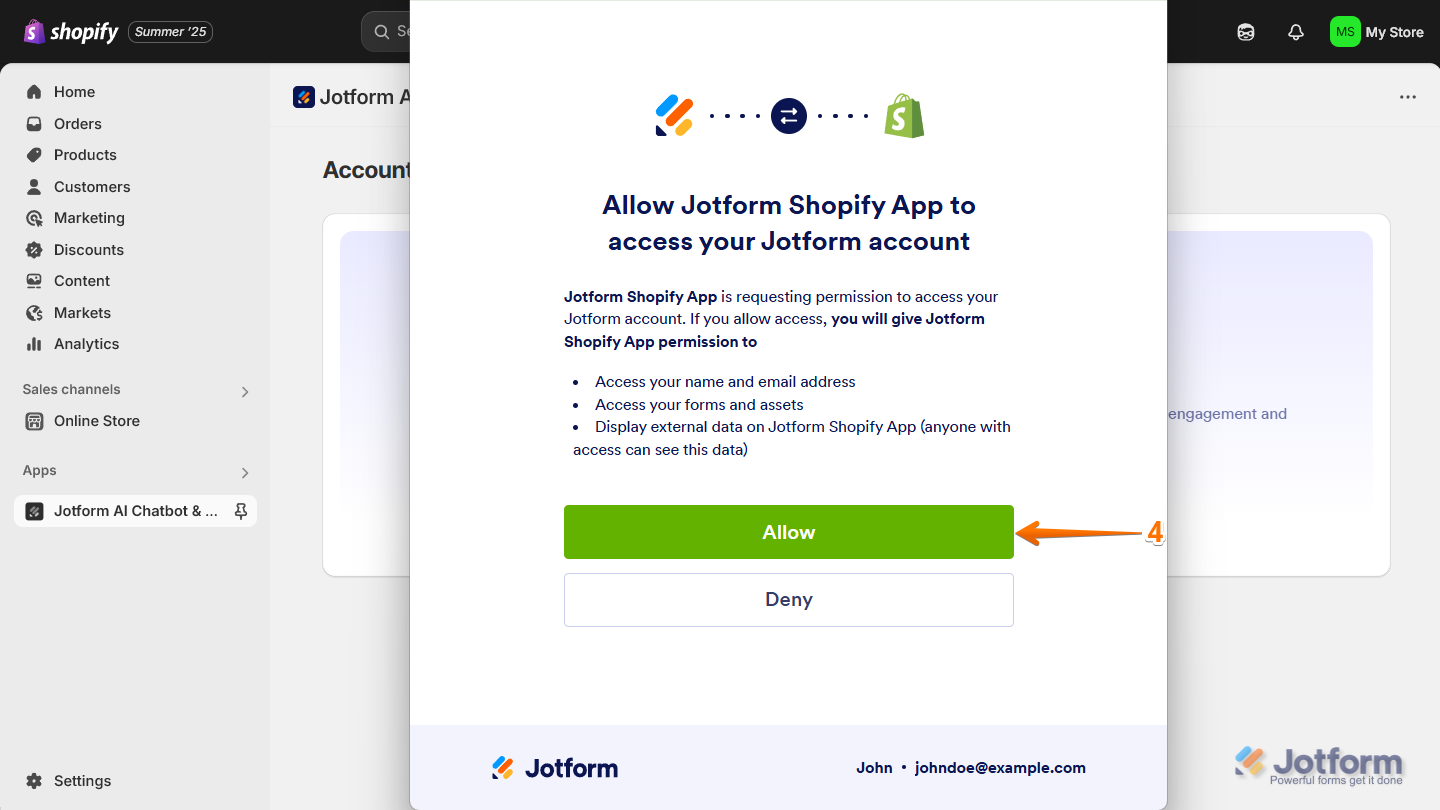 Log in to Jotform and click Allow to connect with Shopify