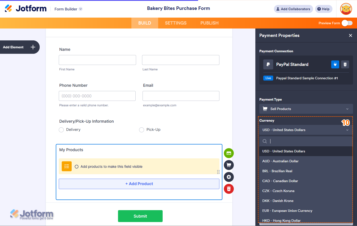 Selecciona una moneda del menú desplegable en la integración estándar de PayPal de Jotform