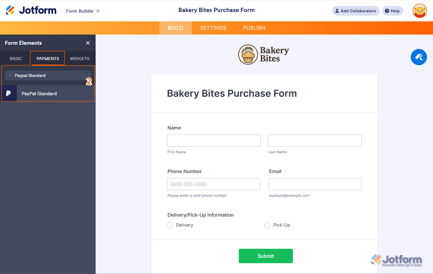 Buscar PayPal Estándar en la pestaña de Pagos de Elementos del Formulario en Jotform