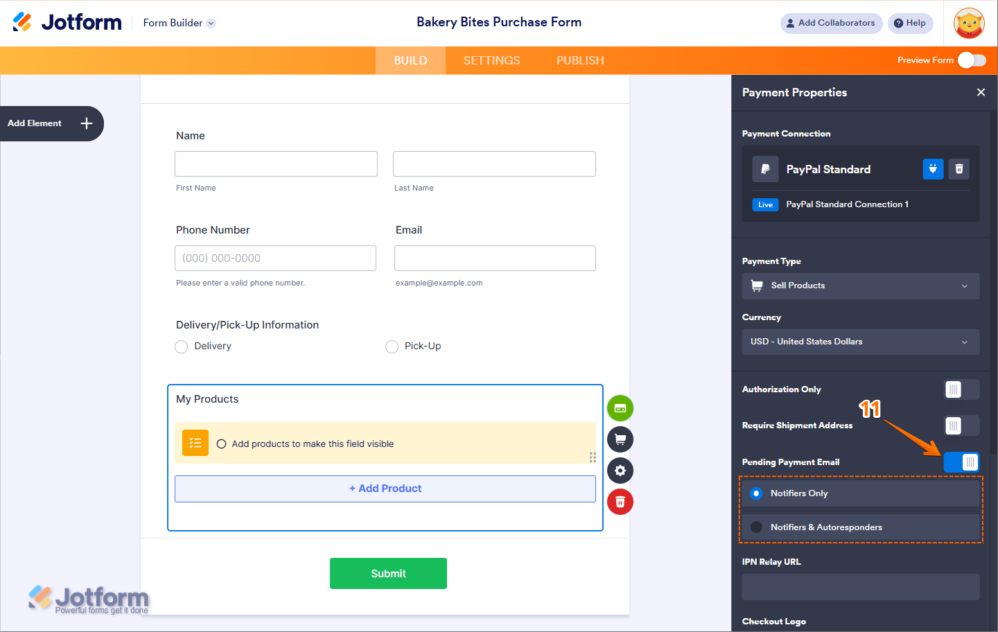 Activa la opción de Correo Electrónico de Pago Pendiente y elige las preferencias de notificación en la configuración estándar de PayPal de Jotform