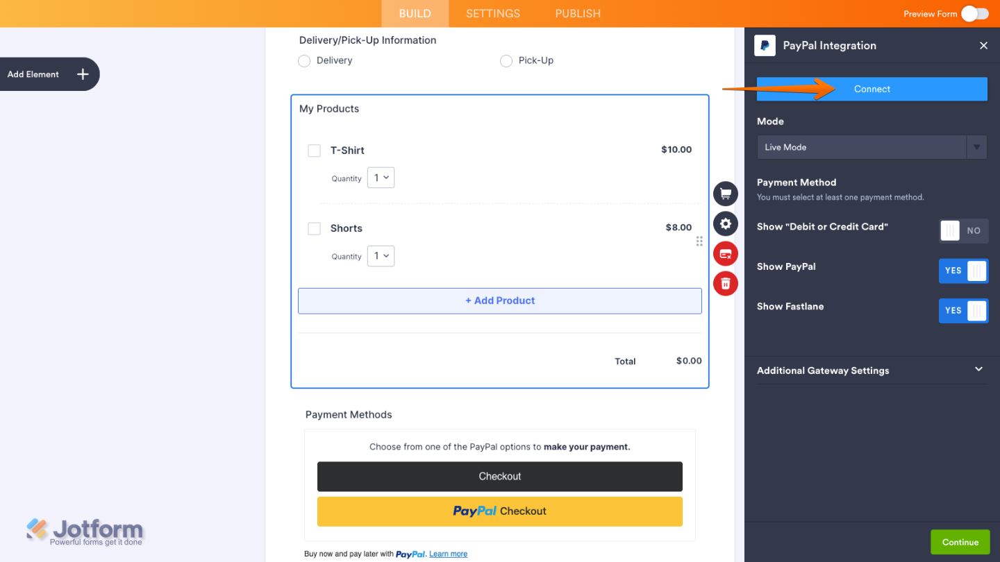 Click Connect to link your PayPal account in Jotform