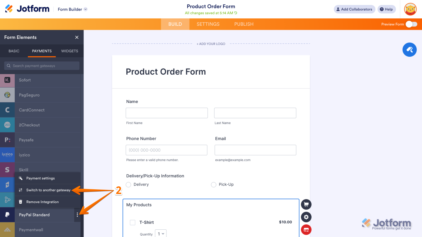 Click the three dots next to the current payment gateway to switch gateways in Jotform