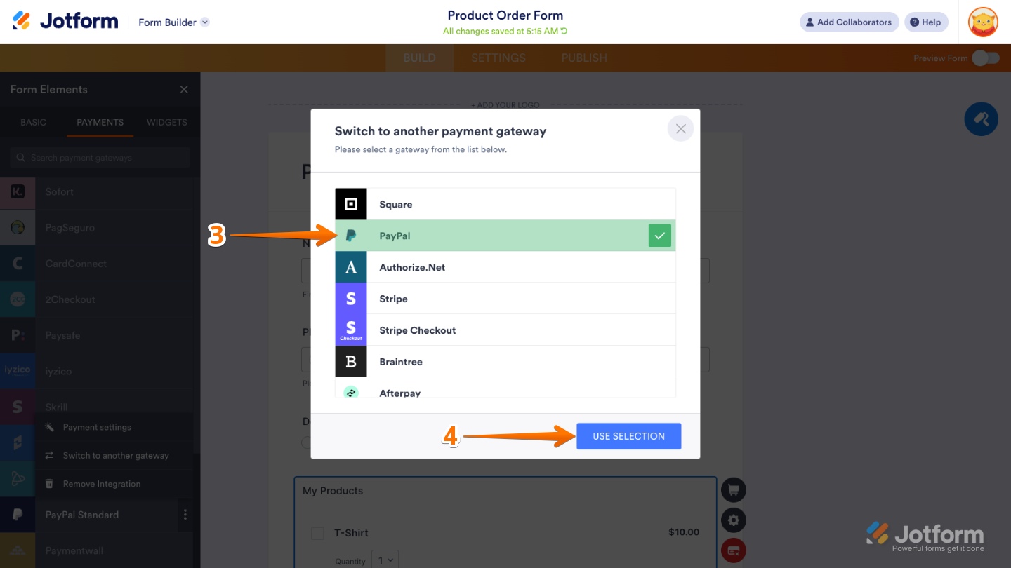 Select a new payment gateway and click Use Selection in Jotform