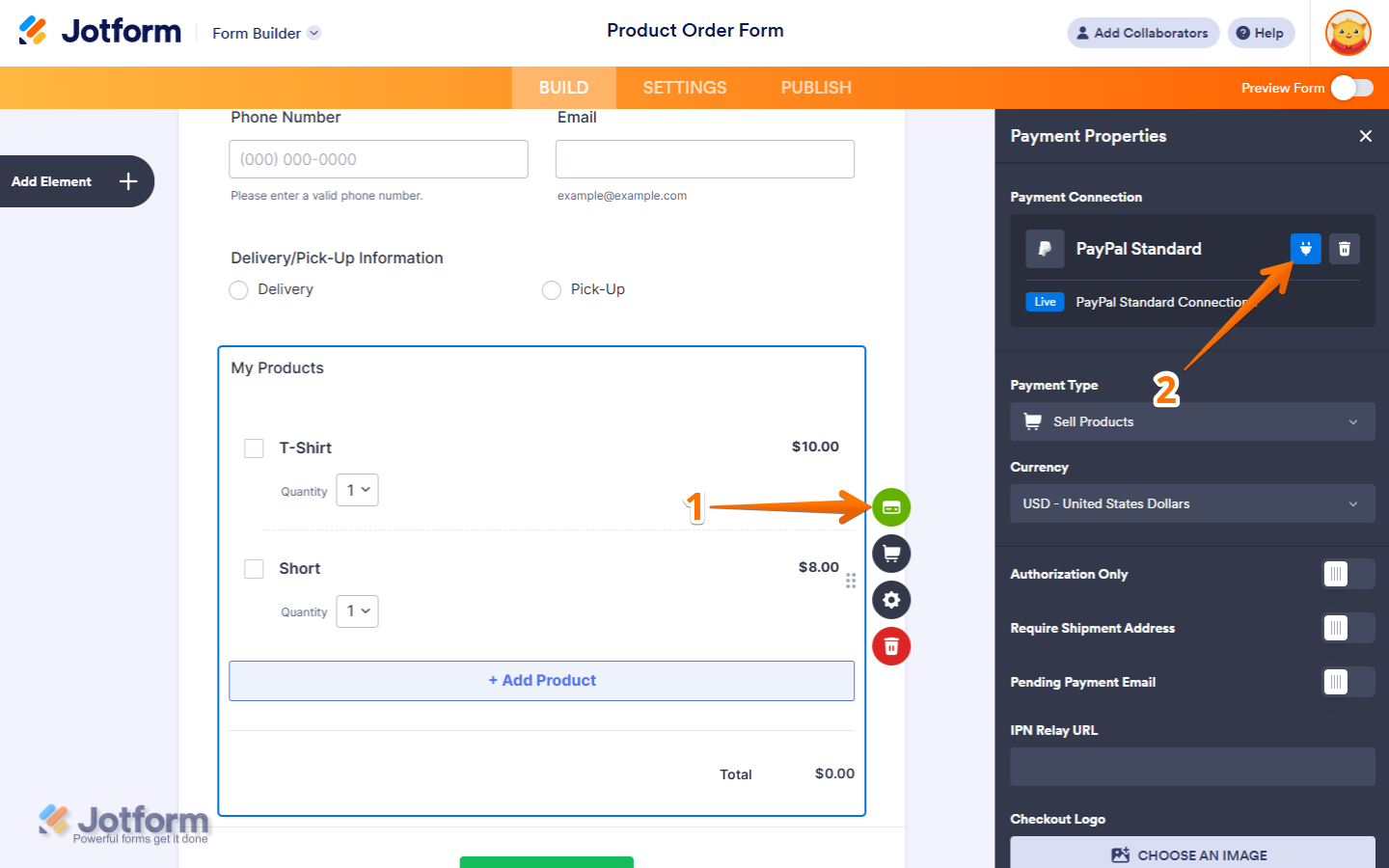 Click the card icon on the payment field to open Payment Properties in Jotform