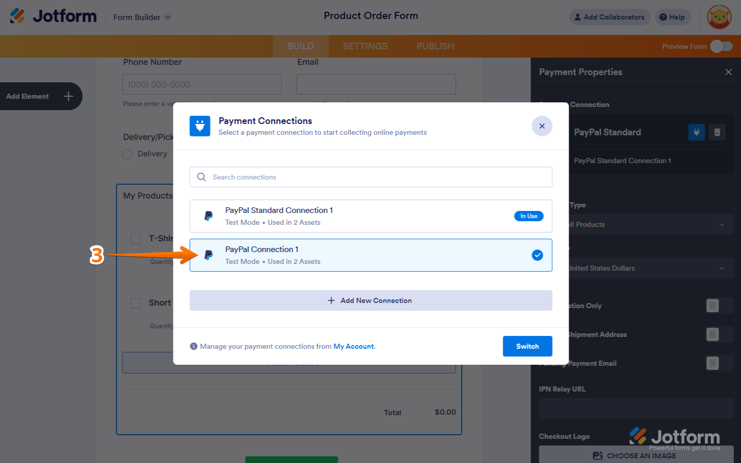 Choose another PayPal account to connect in Jotform