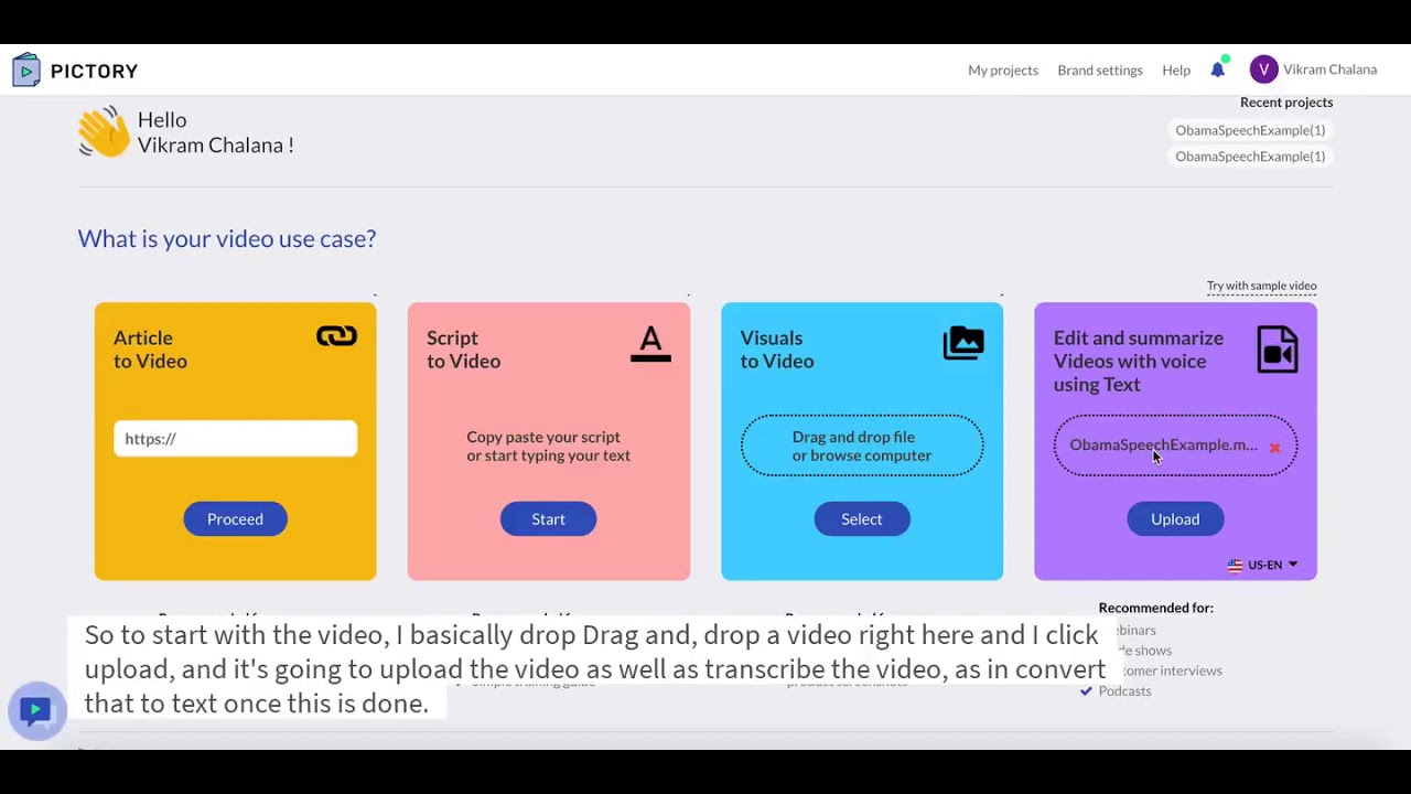 Pictory user interface