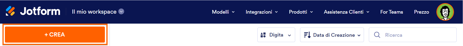 Screenshot che mostra il Costruttore di Moduli Jotform con il pulsante Crea in evidenza