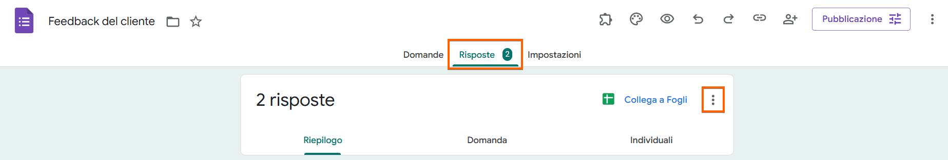 Uno screenshot che evidenzia la scheda risposte del modulo Feedback del cliente su Google Forms