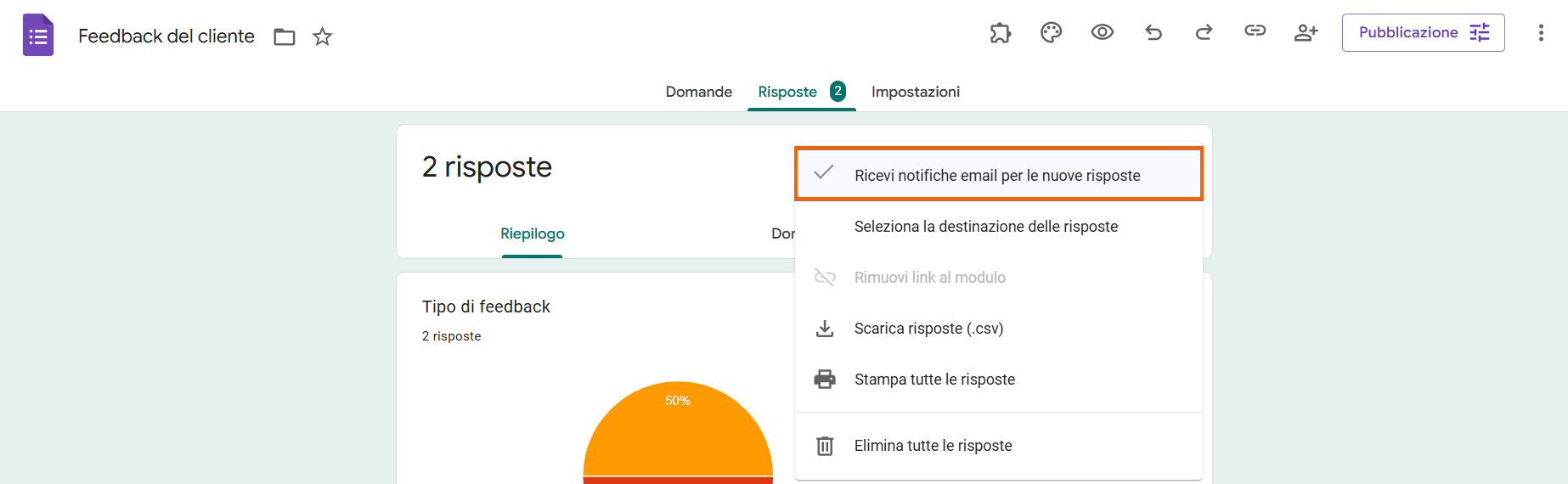 Screenshot di un modulo Google che mostra l'opzione di risposta "Ricevi notifiche email per le nuove risposte" in evidenza