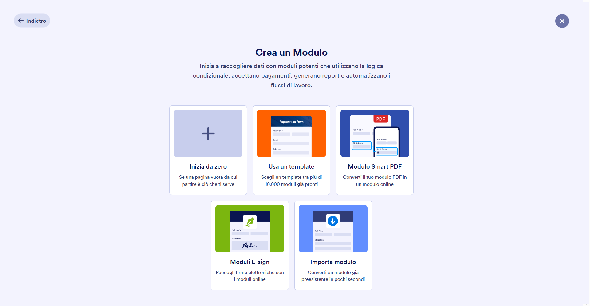 Screenshot che mostra le opzioni per creare un modulo Jotform: Inizia da Zero, Usa un Template, Modulo Smart PDF, Moduli E-sign, Importa modulo