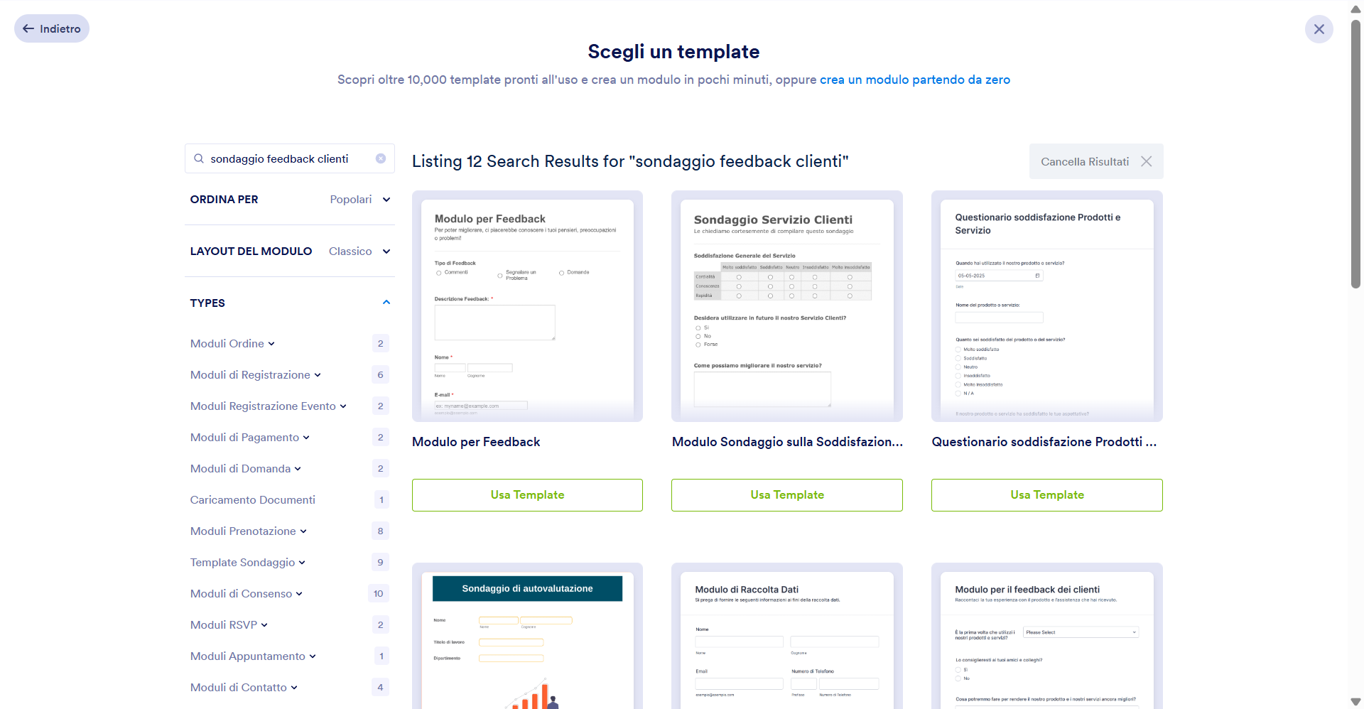 Screenshot che mostra una pagina della galleria di modelli di Jotform che elenca vari modelli di sondaggi di feedback disponibili per l'uso