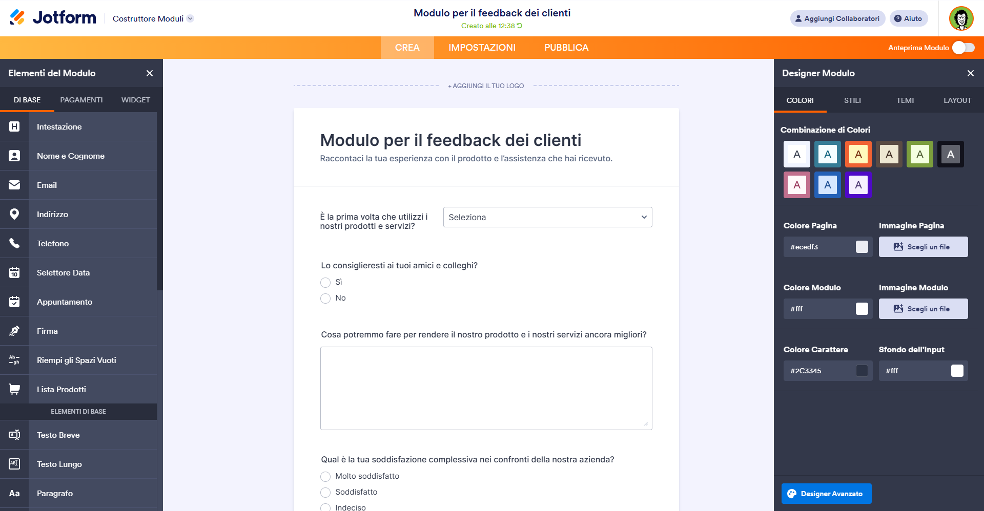 Screenshot che mostra l'interfaccia del Costruttore Moduli di Jotform dove viene creato un sondaggio di feedback clienti