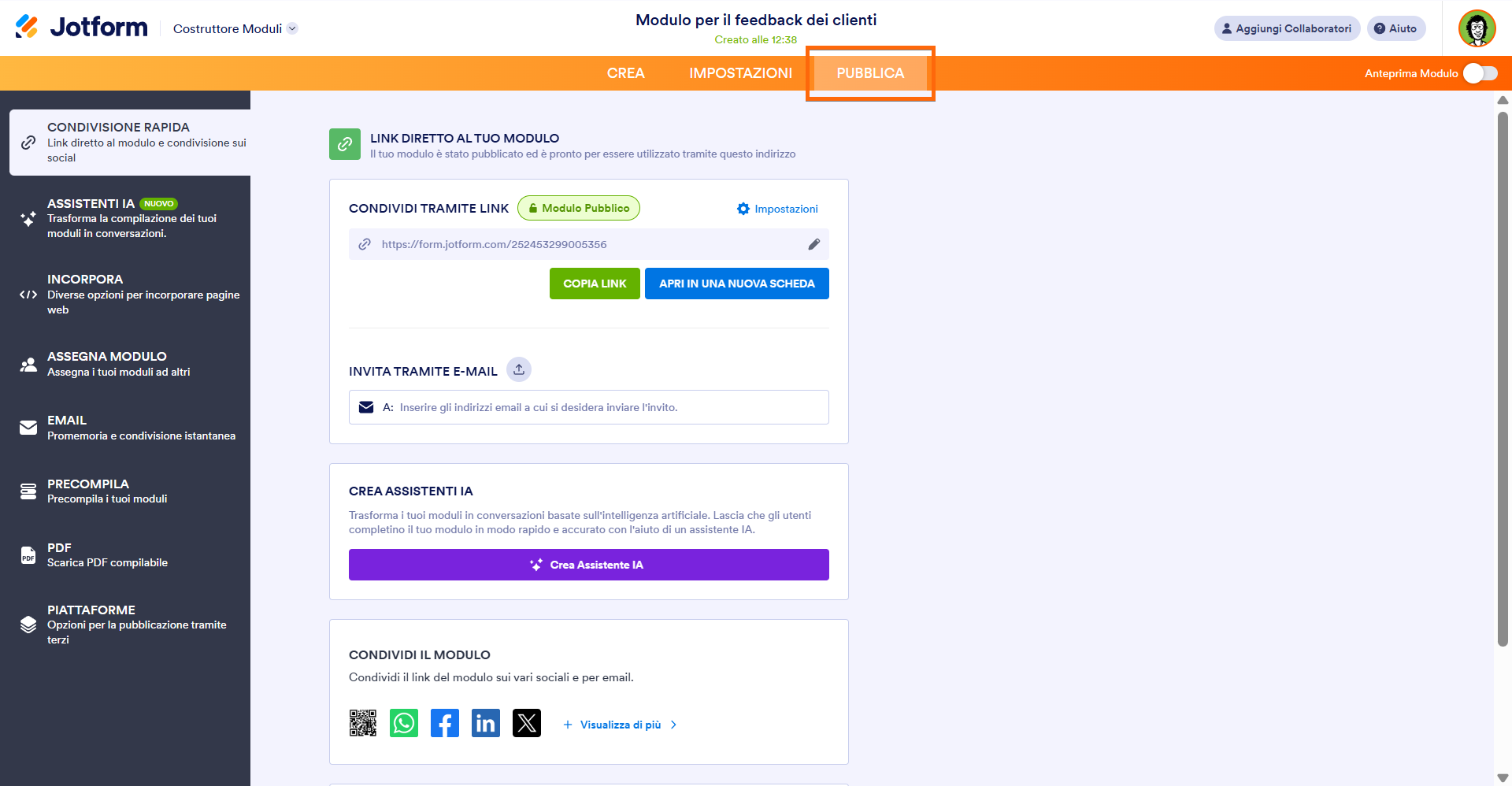 Screenshot che mostra la sezione di pubblicazione del modulo nel Costruttore Moduli di Jotform