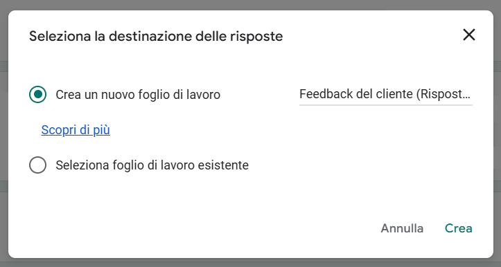 Screenshot della finesra popup di Collega a Fogli su Moduli Google